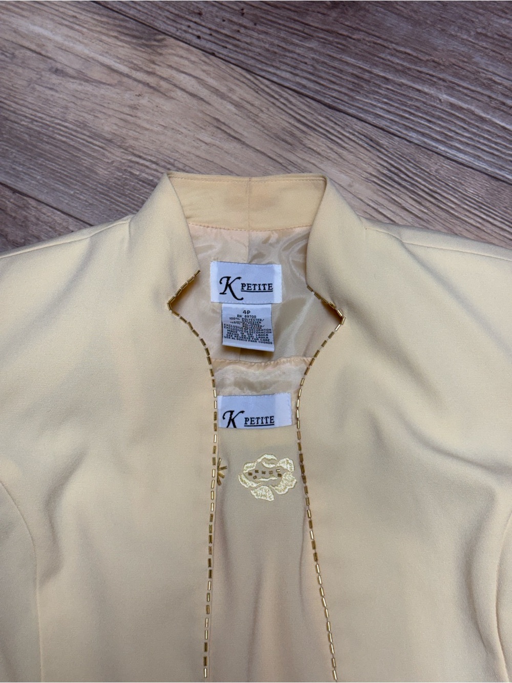 Kasper Light Yellow Embroidered Open-Front Blazer